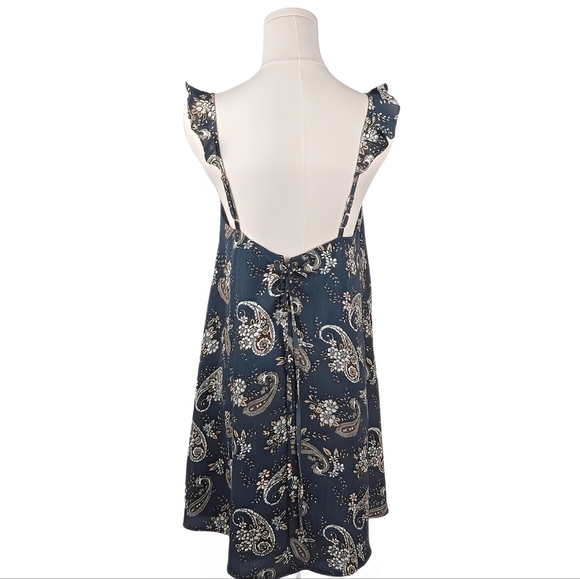J.O.A. Navy Paisley Mini Dress Ruffle Strap Lace-Up Corset Sleeveless S Blue - Picture 6 of 8